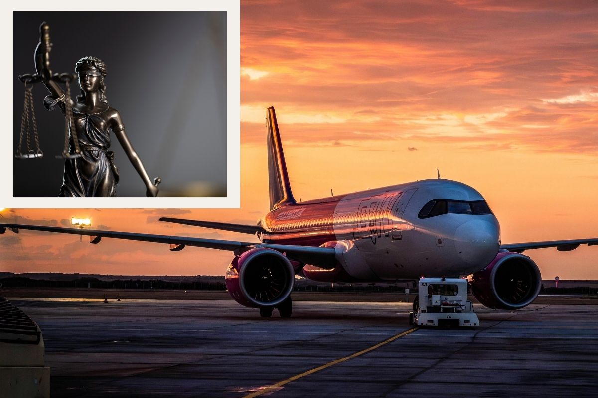 Putnički avion i simbol pravde koji predstavljaju pravni okvir zaštite putnika u vazdušnom saobraćaju